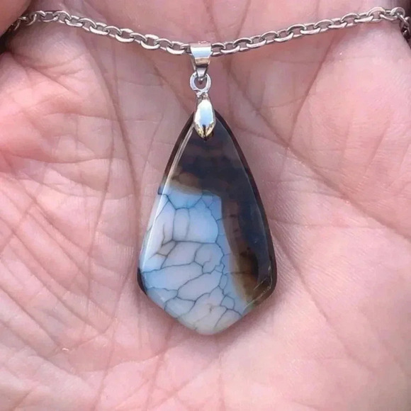 Handmade White & Brown Dragon Vein Agate Stainless Steel Necklace - Picture 1 of 3